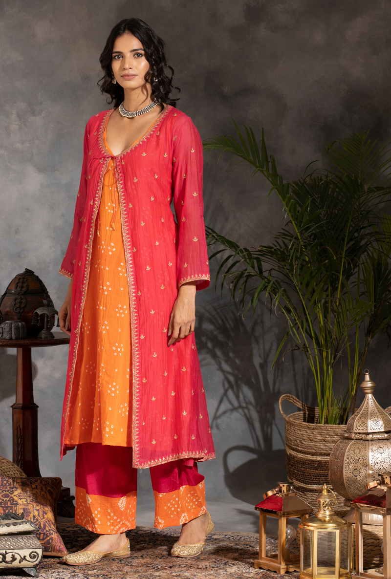 Saanjh 3 pc Rani Bandhej Jacket Set