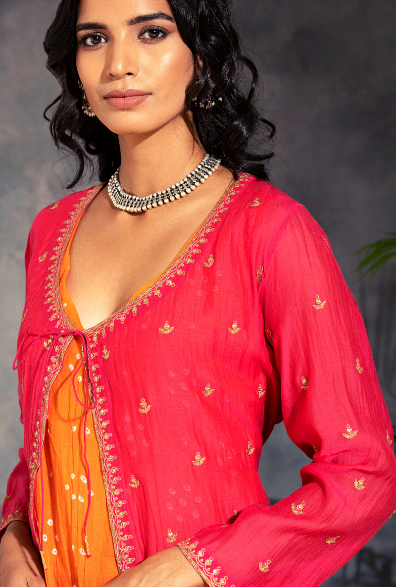 Saanjh 3 pc Rani Bandhej Jacket Set