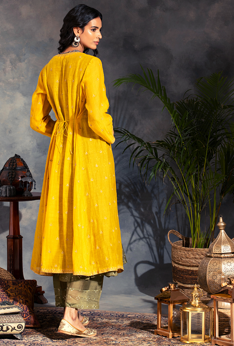 Saanjh 3 pc Yellow Bandhej Jacket Set