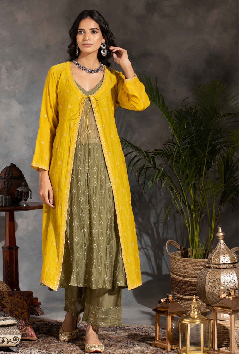 Saanjh 3 pc Yellow Bandhej Jacket Set