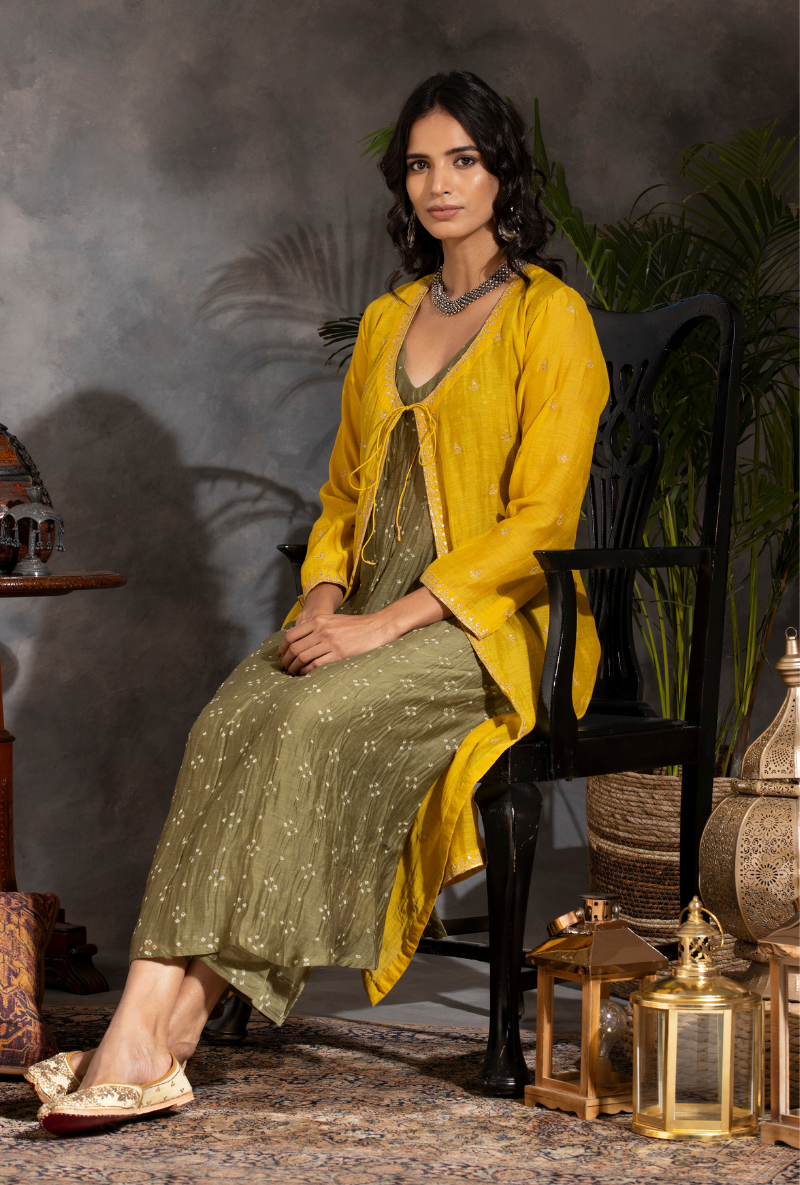 Saanjh 3 pc Yellow Bandhej Jacket Set