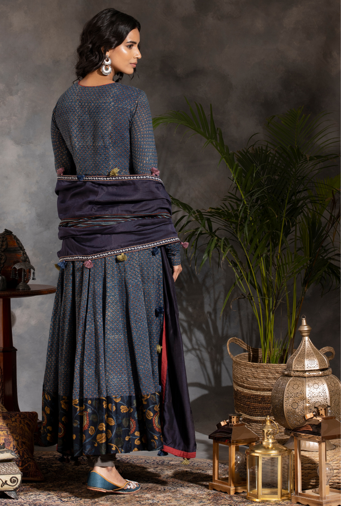 Saanjh Blue Ajrak Angrakha Set