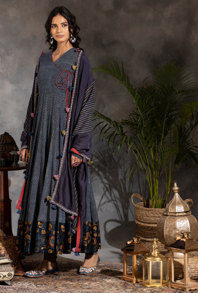 Saanjh Blue Ajrak Angrakha Set