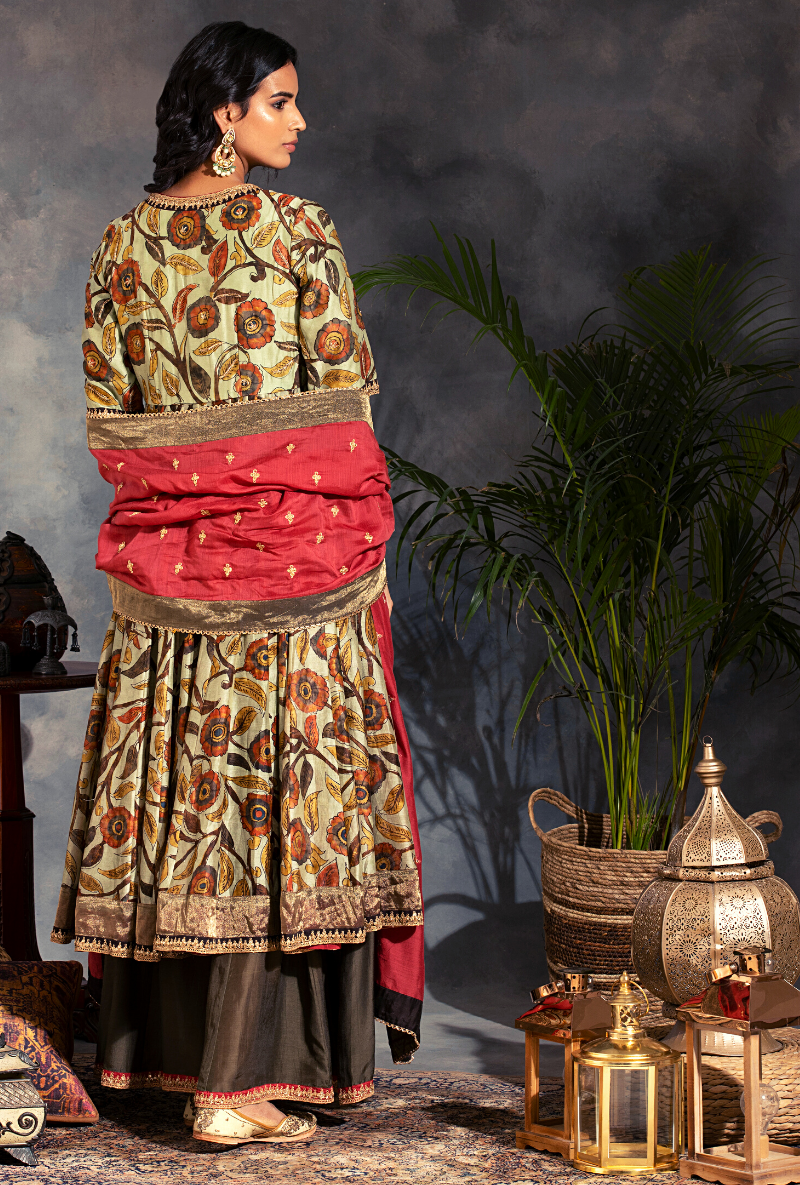 Saanjh Pista Green Floral Print Short Anarkali Kurta Set