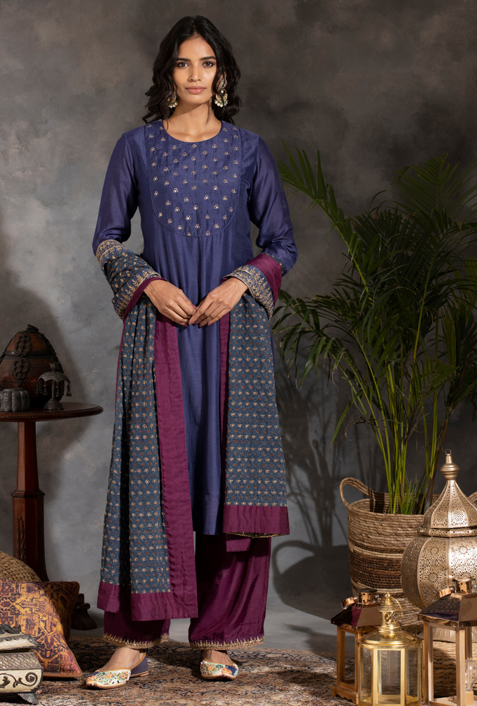 Saanjh Blue/Purple Sitara Yolk Kurta Set