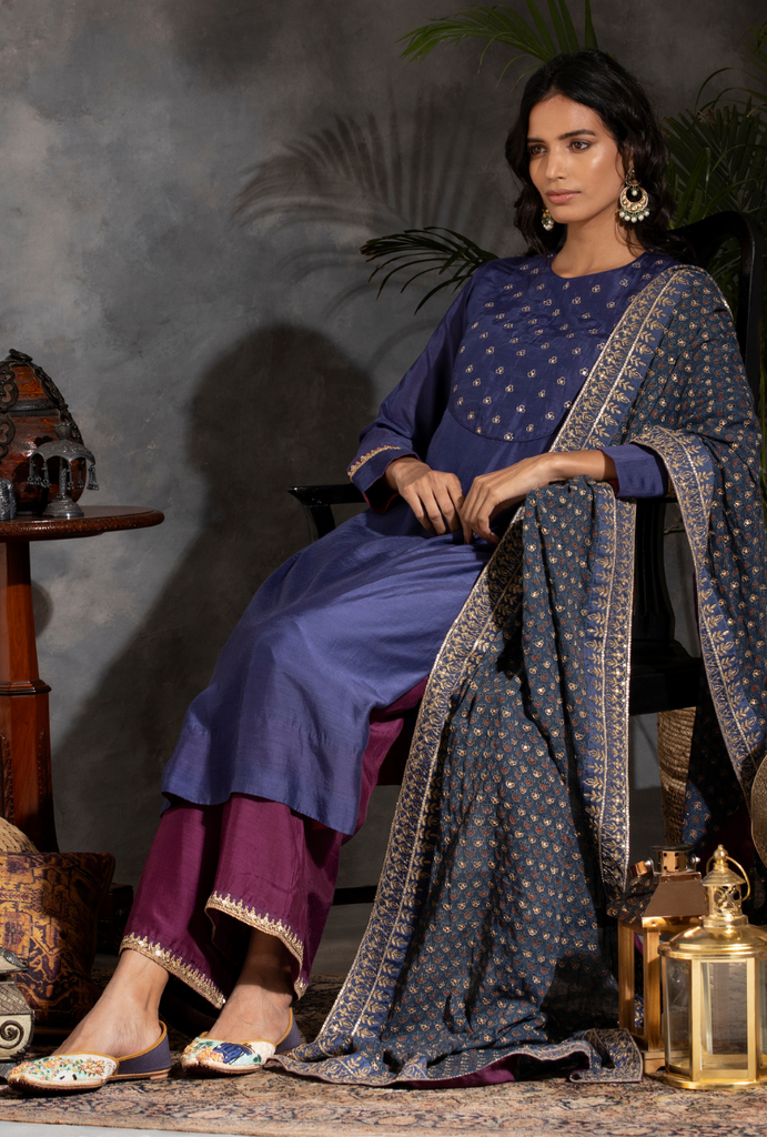 Saanjh Blue/Purple Sitara Yolk Kurta Set