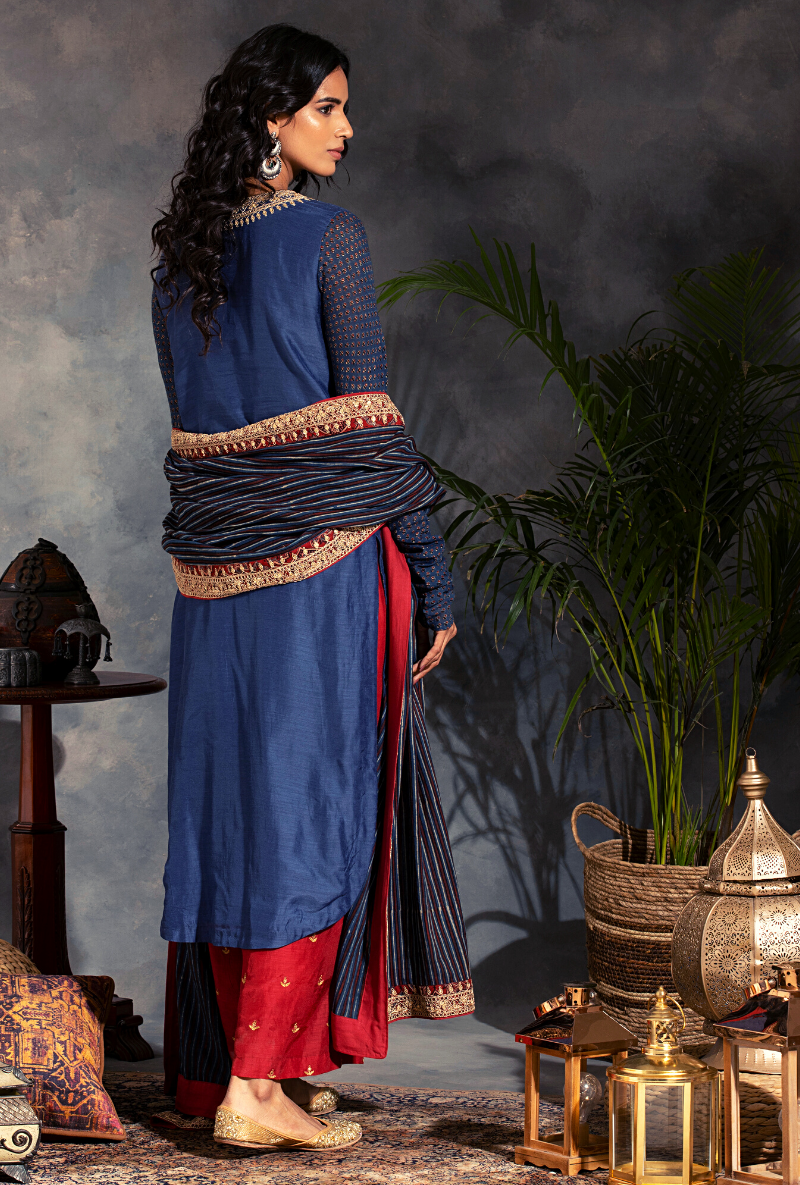 Saanjh Charcoal Red Navy Dori Kurta Set