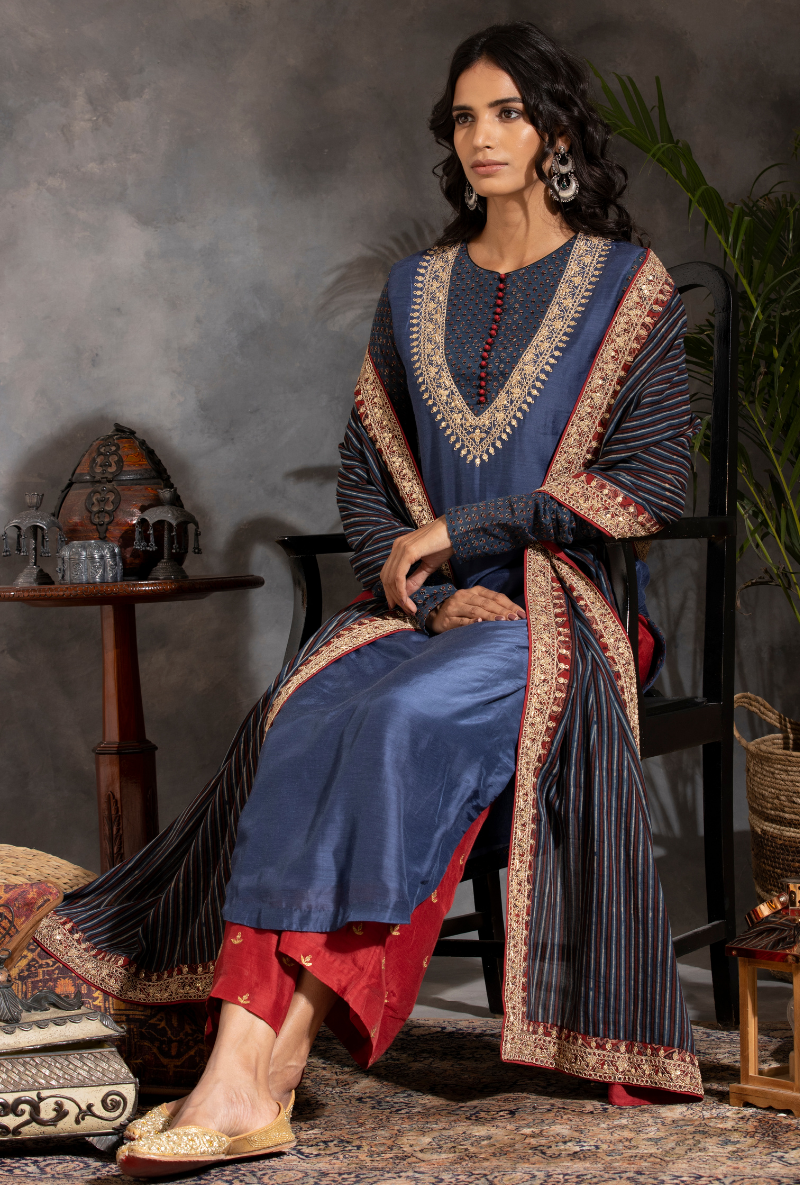Saanjh Charcoal Red Navy Dori Kurta Set