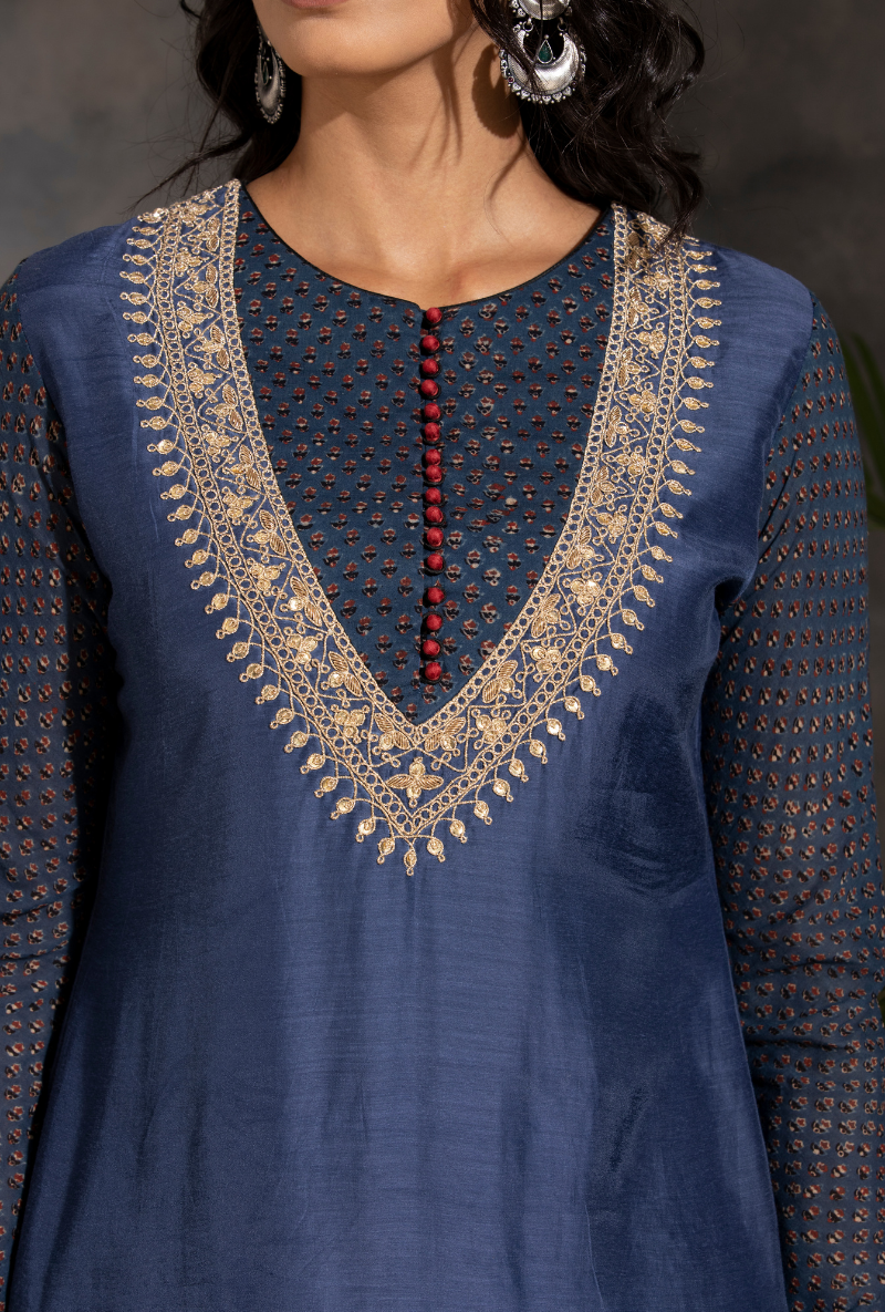 Saanjh Charcoal Red Navy Dori Kurta Set
