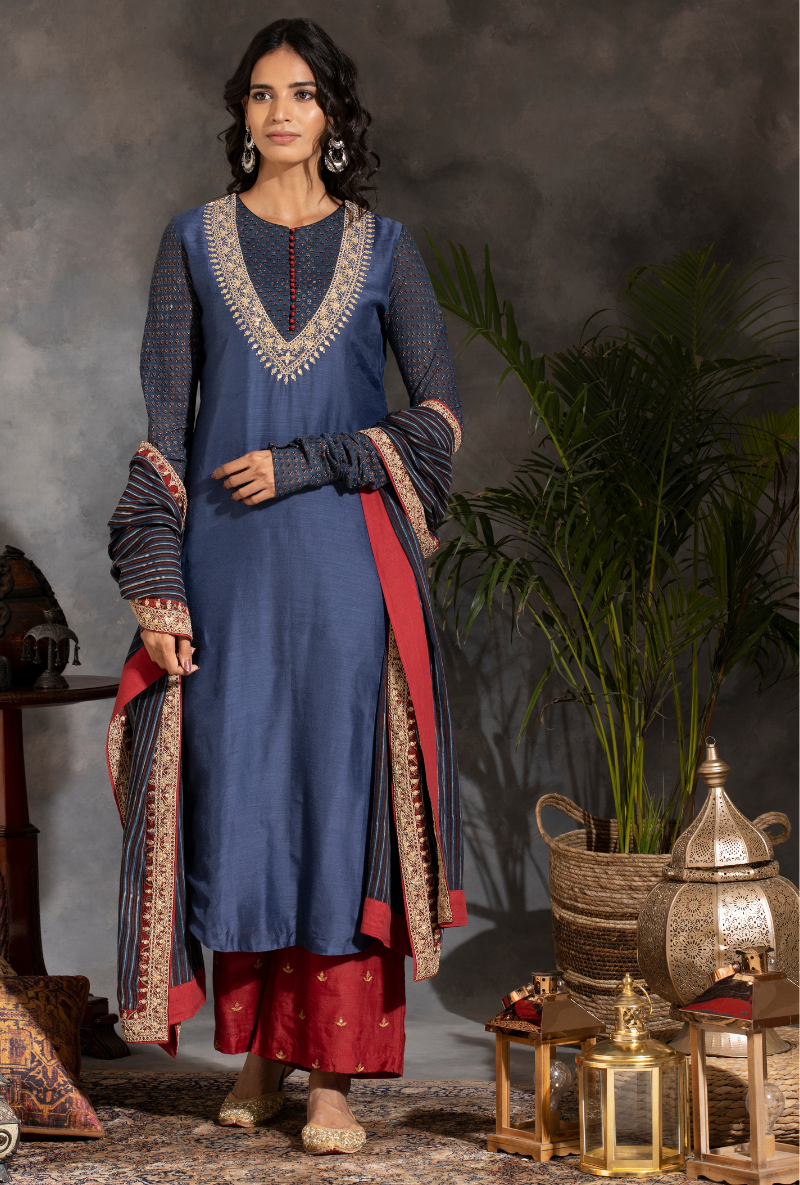 Saanjh Charcoal Red Navy Dori Kurta Set