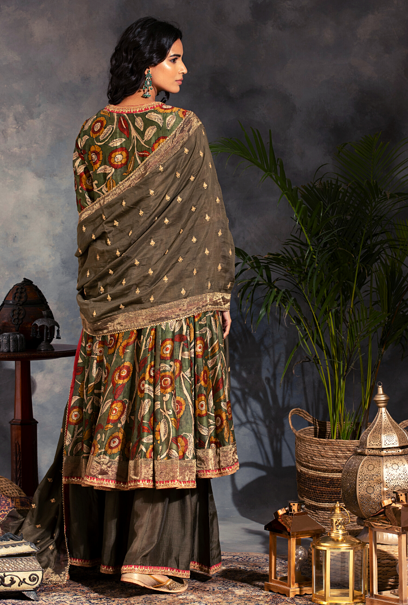 Saanjh Green Floral Print Short Anarkali Kurta Set