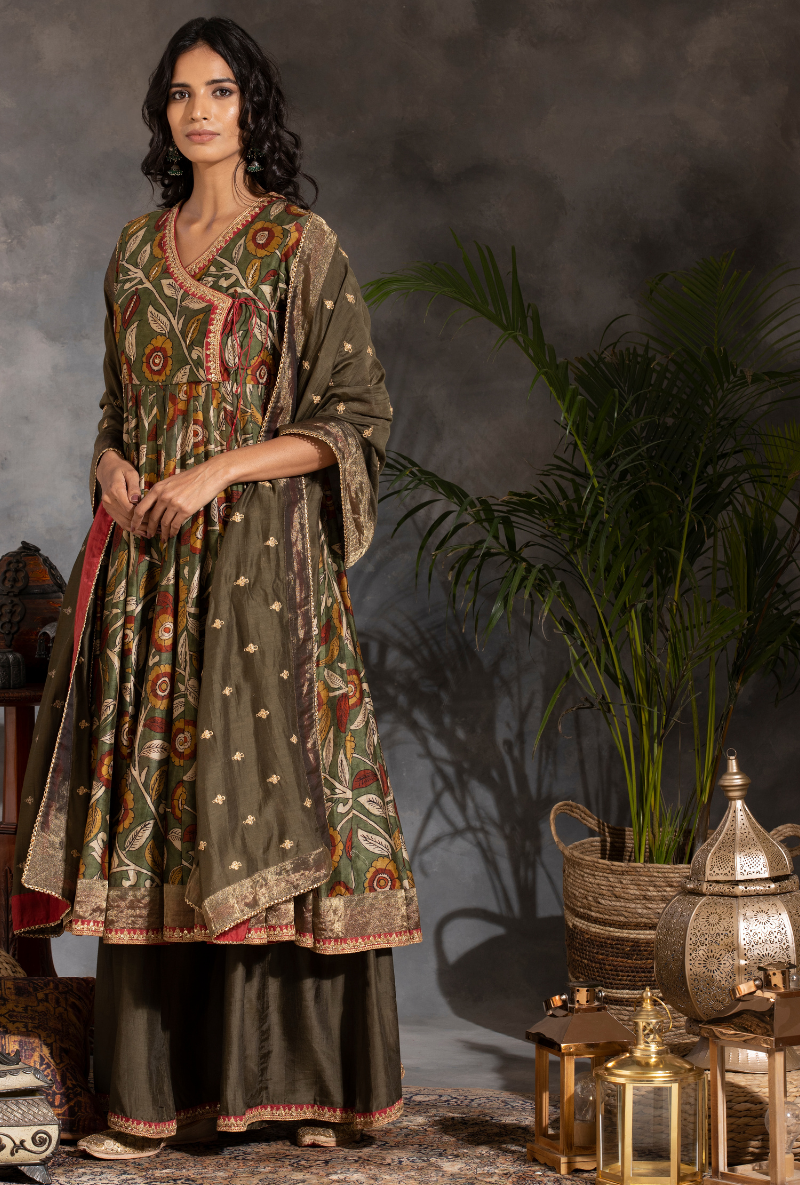 Saanjh Green Floral Print Short Anarkali Kurta Set