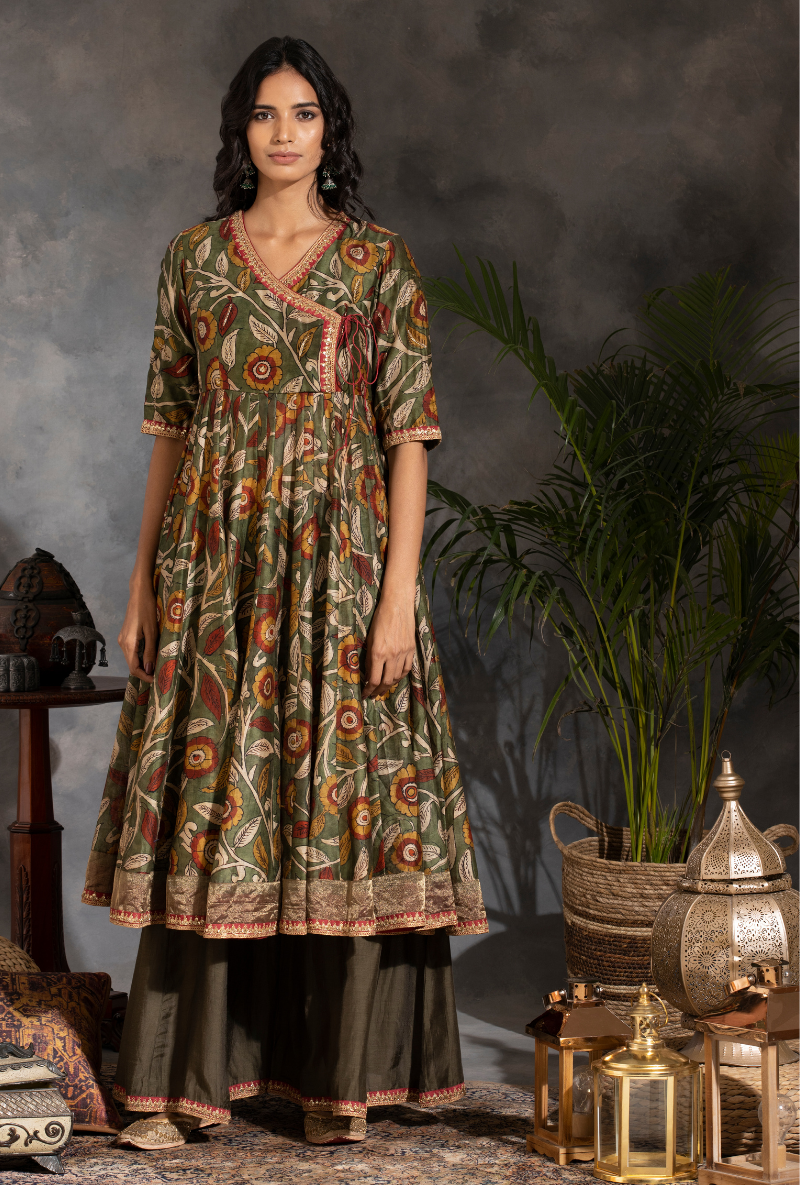 Saanjh Green Floral Print Short Anarkali Kurta Set