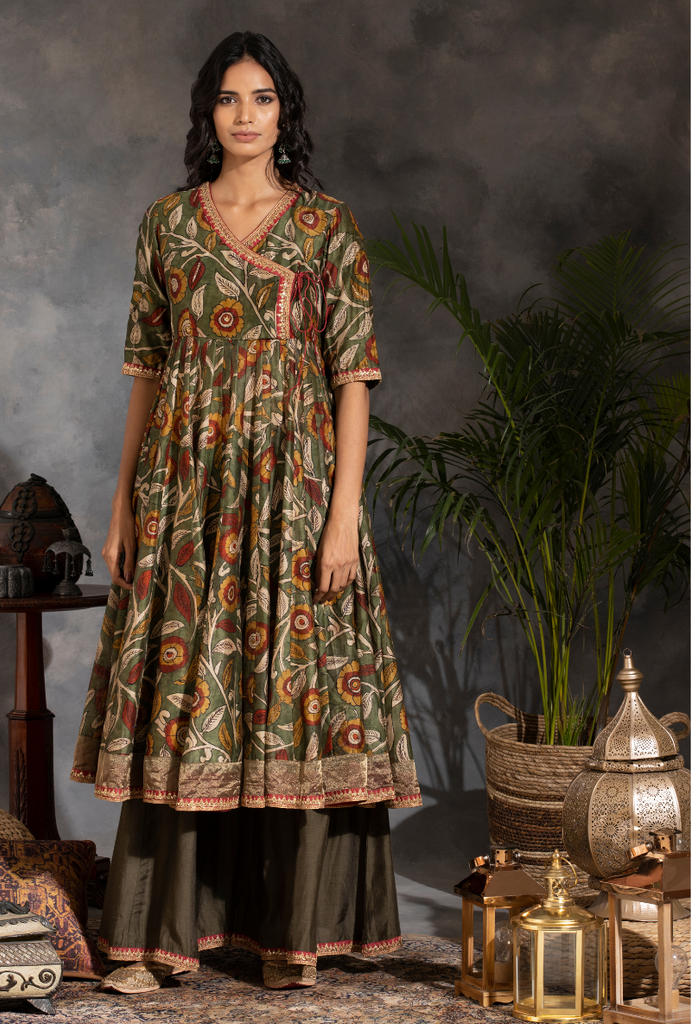 Saanjh Green Floral Print Short Anarkali Kurta Set