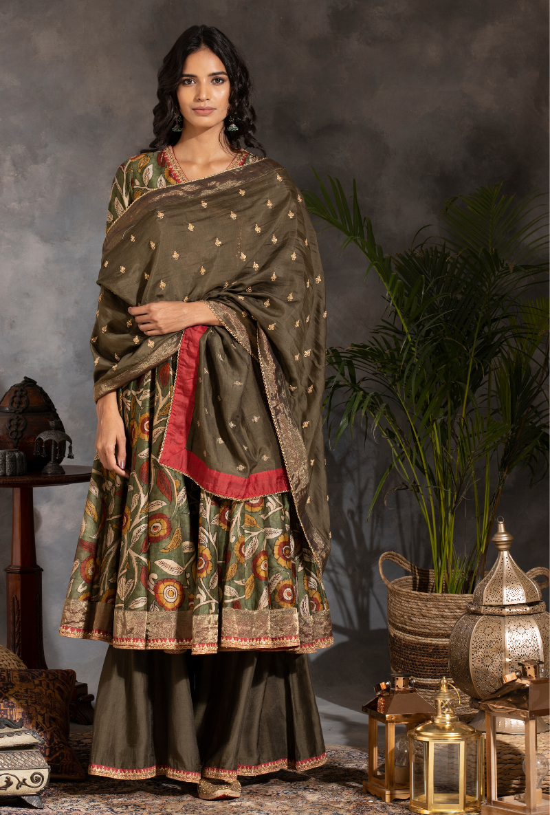 Saanjh Green Floral Print Short Anarkali Kurta Set