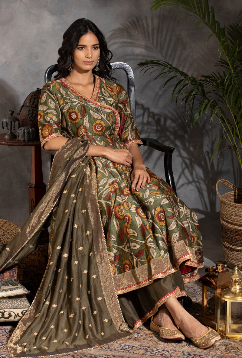 Saanjh Green Floral Print Short Anarkali Kurta Set