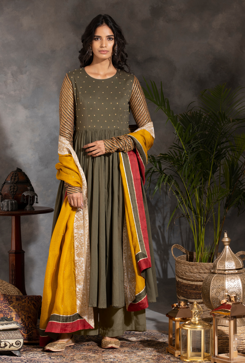 Saanjh Green Sitara Yolk Anarkali Set