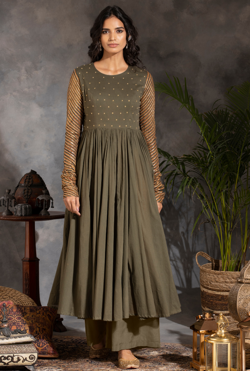 Saanjh Green Sitara Yolk Anarkali Set