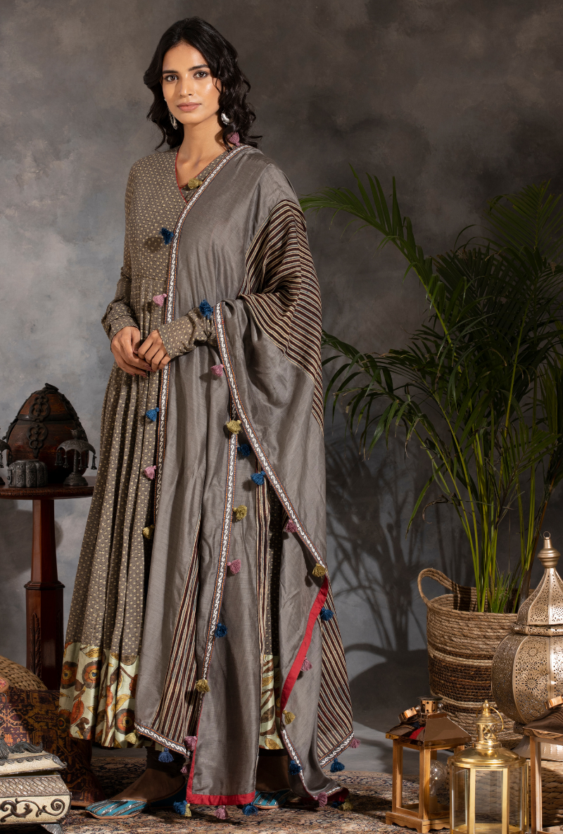 Saanjh Grey Ajrak Angrakha Set