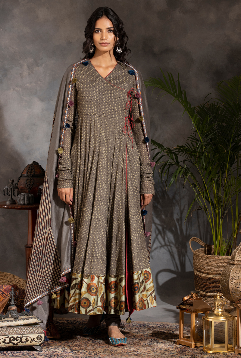 Saanjh Grey Ajrak Angrakha Set