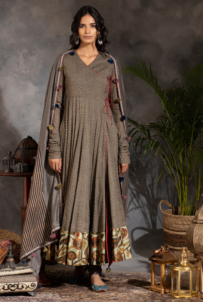 Saanjh Grey Ajrak Angrakha Set
