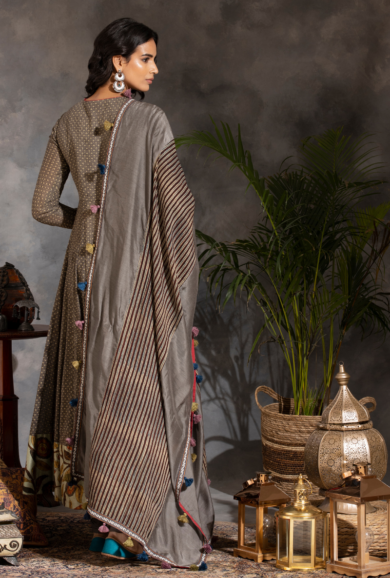 Saanjh Grey Ajrak Angrakha Set