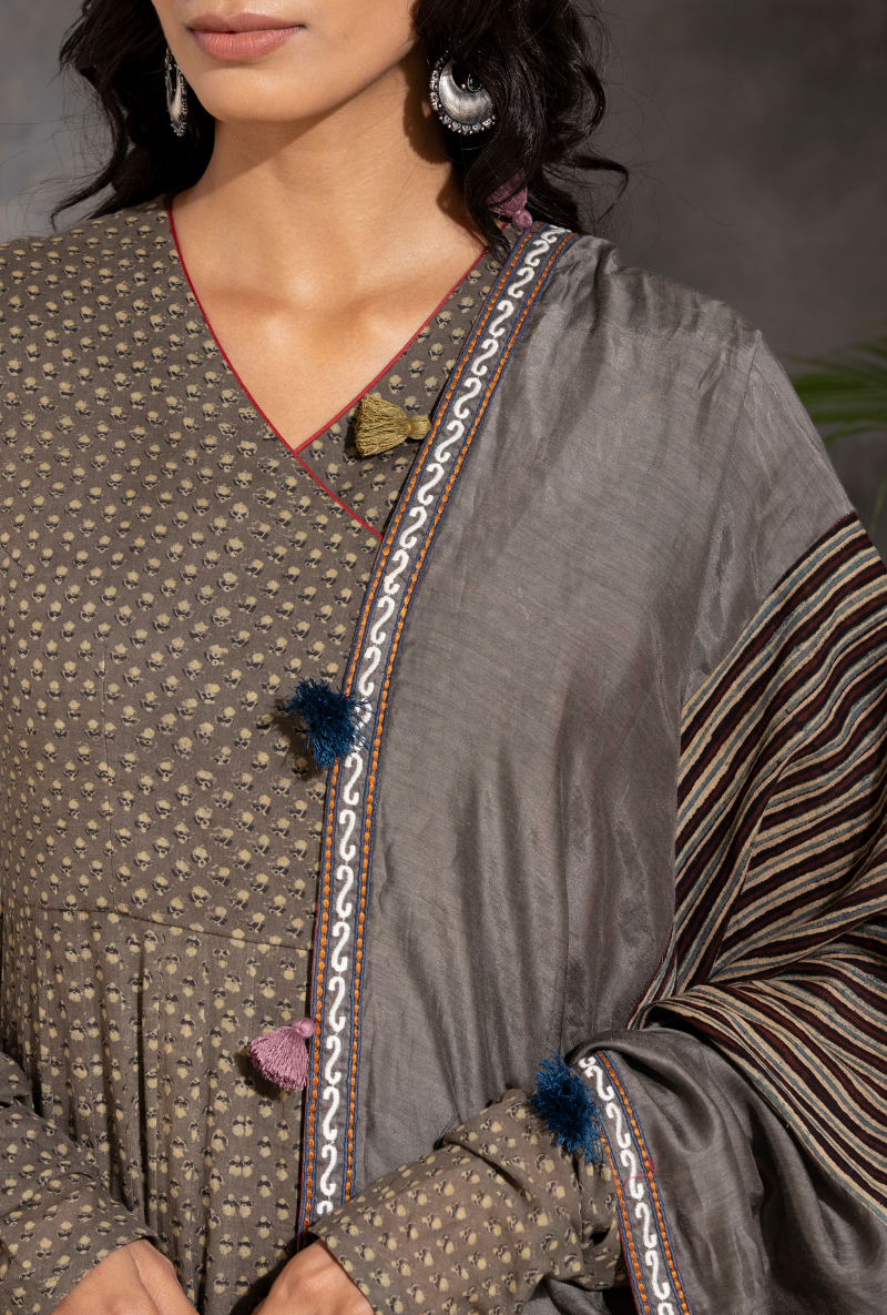 Saanjh Grey Ajrak Angrakha Set