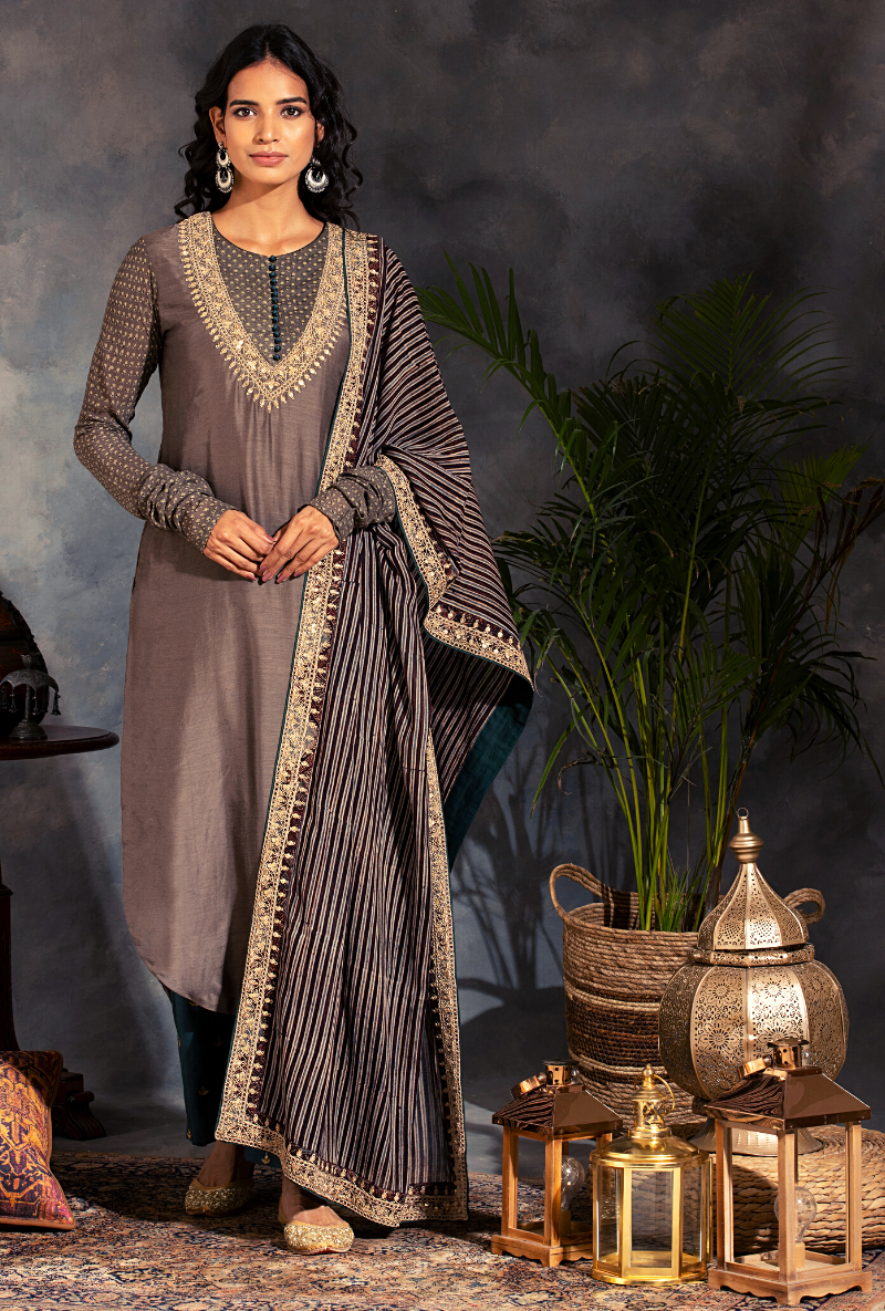 Saanjh Grey and Bottle Green Dori Kurta Set