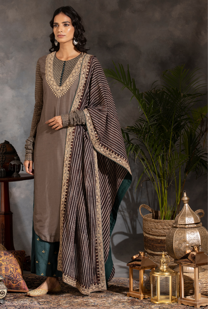 Saanjh Grey and Bottle Green Dori Kurta Set