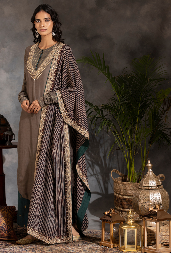 Saanjh Grey and Bottle Green Dori Kurta Set