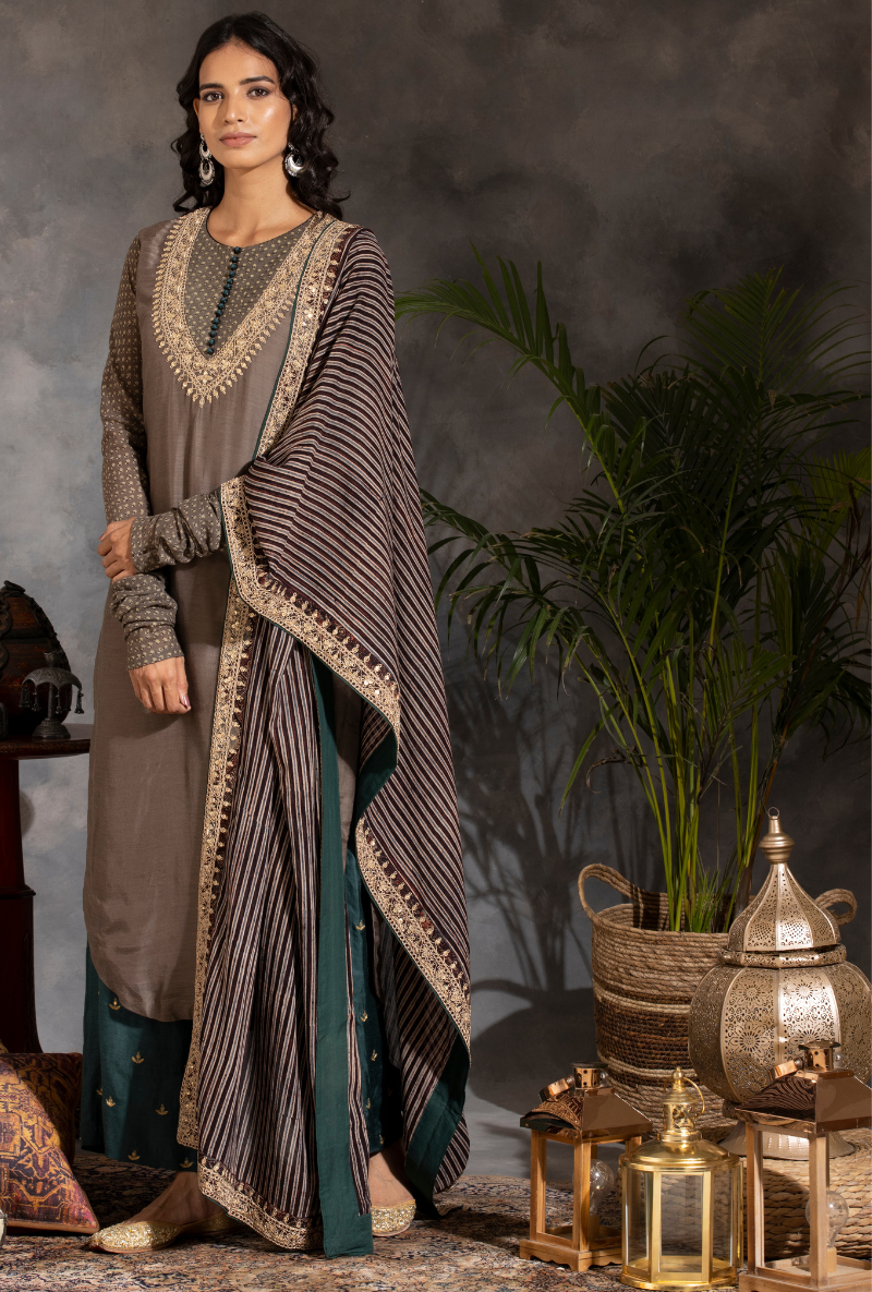 Saanjh Grey and Bottle Green Dori Kurta Set