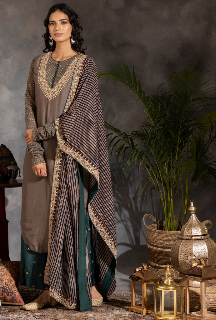 Saanjh Grey and Bottle Green Dori Kurta Set