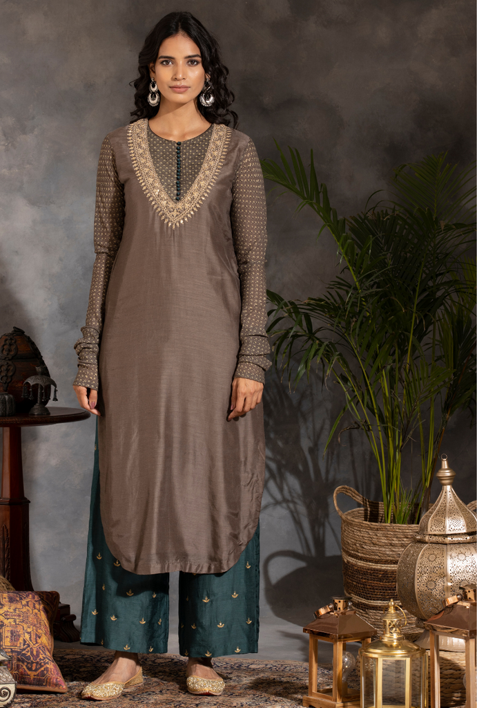 Saanjh Grey and Bottle Green Dori Kurta Set