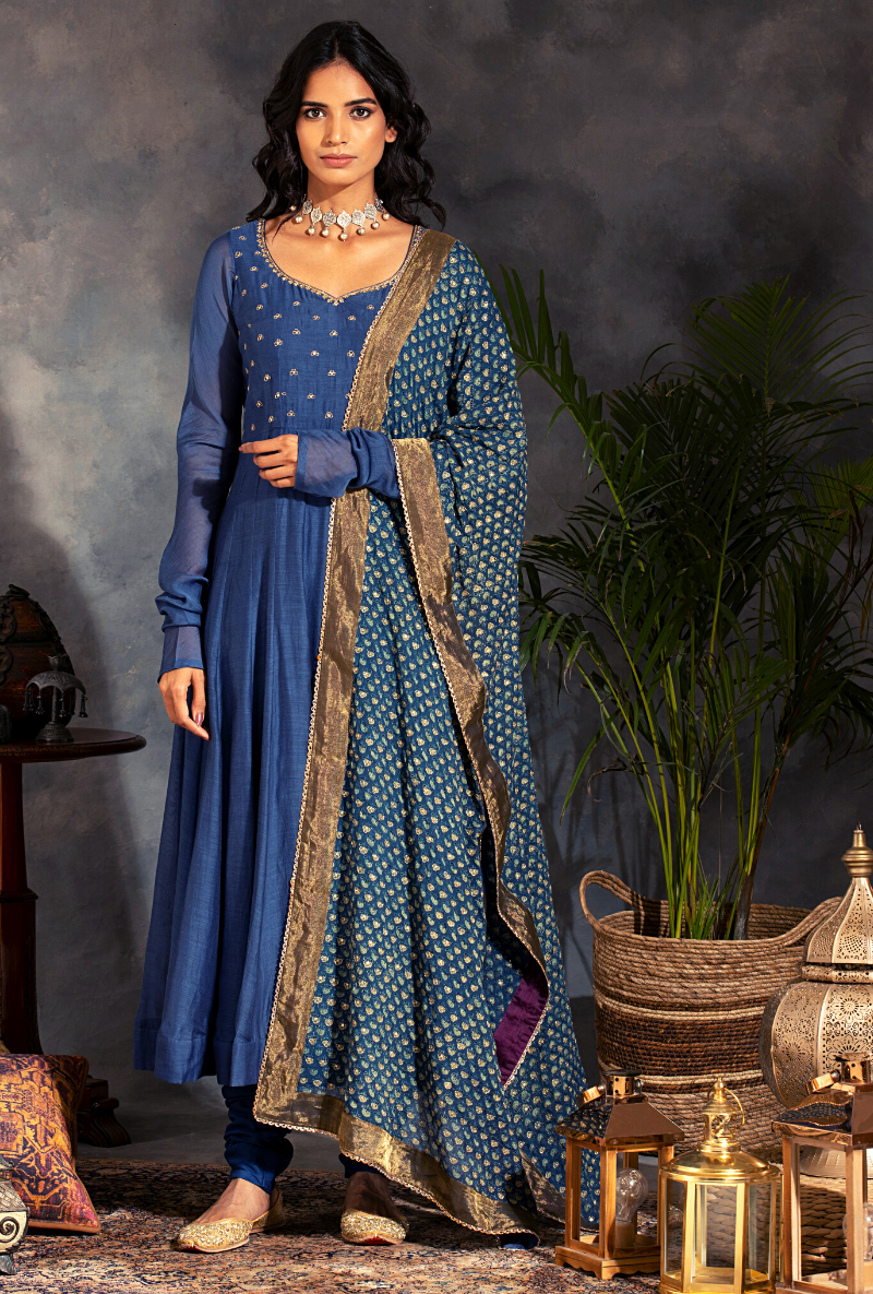 Zari and Sequin Enbroidered - Saanjh Ink Blue Anarkali Kurta Set