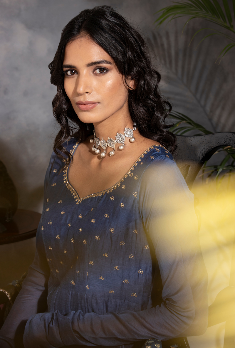Zari and Sequin Enbroidered - Saanjh Ink Blue Anarkali Kurta Set