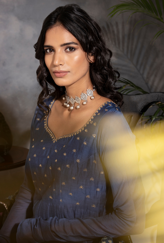 Zari and Sequin Enbroidered - Saanjh Ink Blue Anarkali Kurta Set