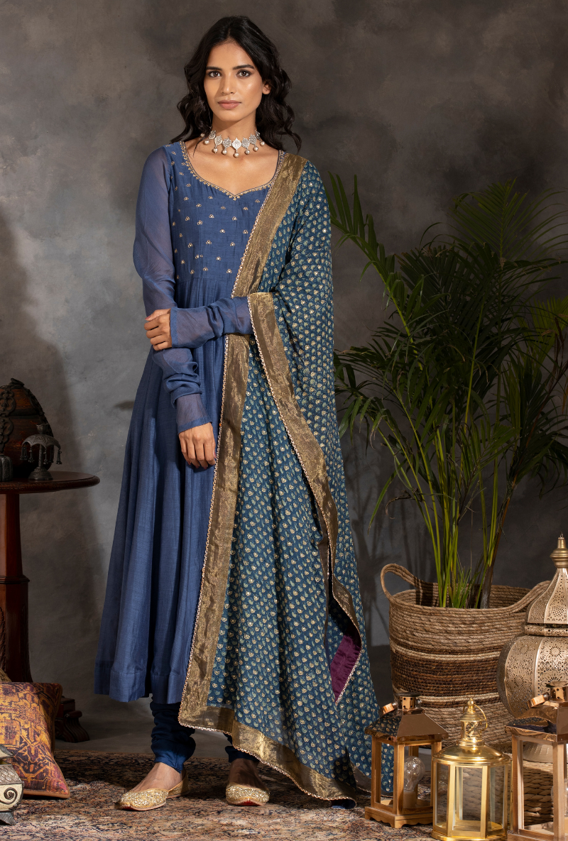 Saanjh Ink Blue Anarkali Kurta Set