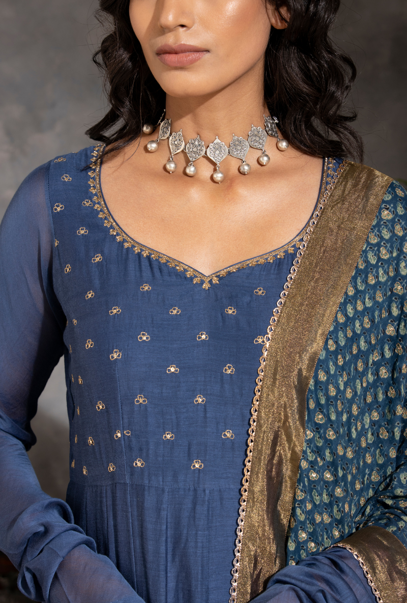 Saanjh Ink Blue Anarkali Kurta Set
