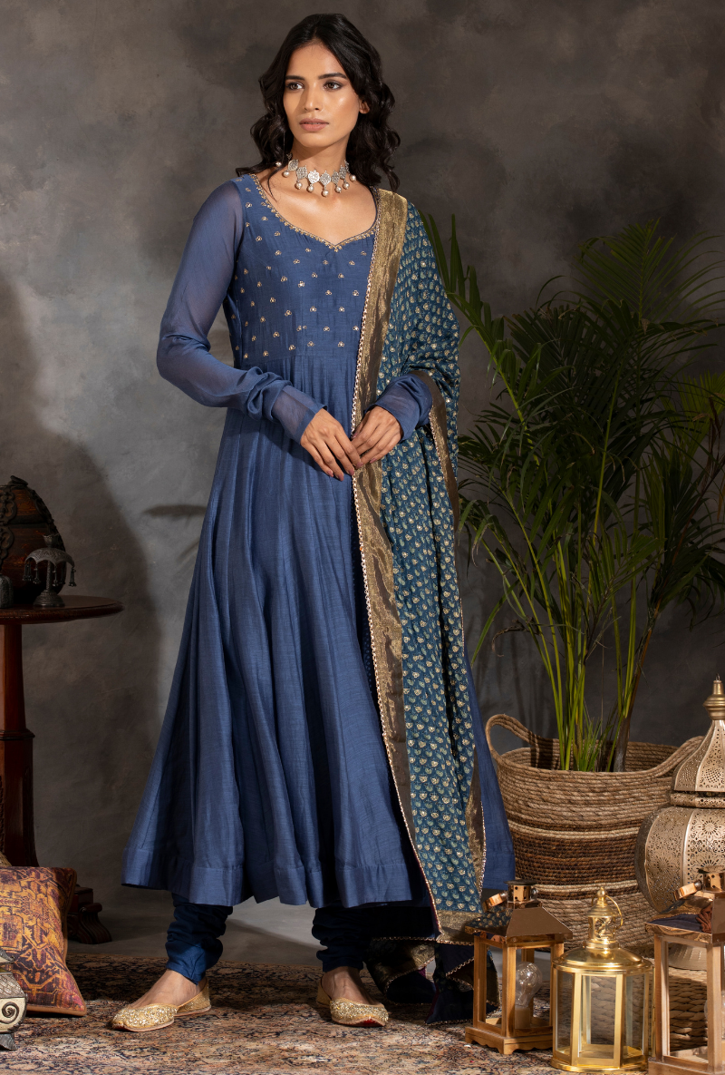 Zari and Sequin Enbroidered - Saanjh Ink Blue Anarkali Kurta Set
