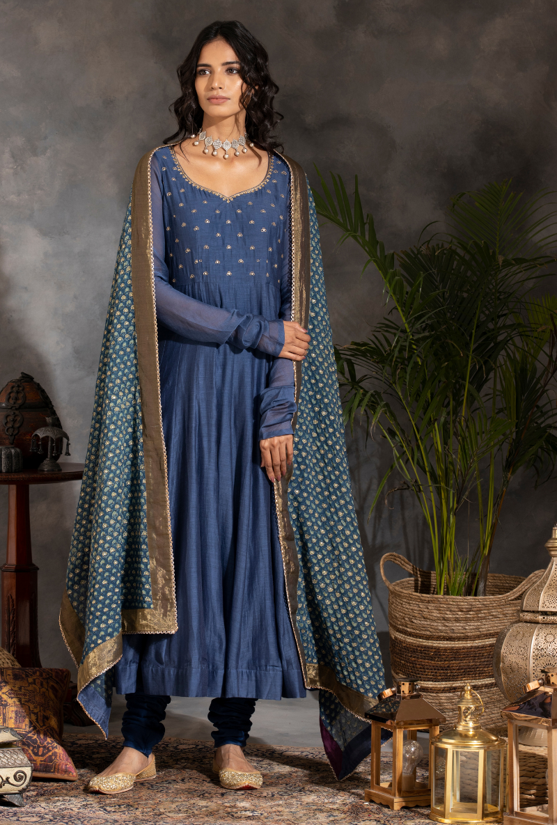 Zari and Sequin Enbroidered - Saanjh Ink Blue Anarkali Kurta Set