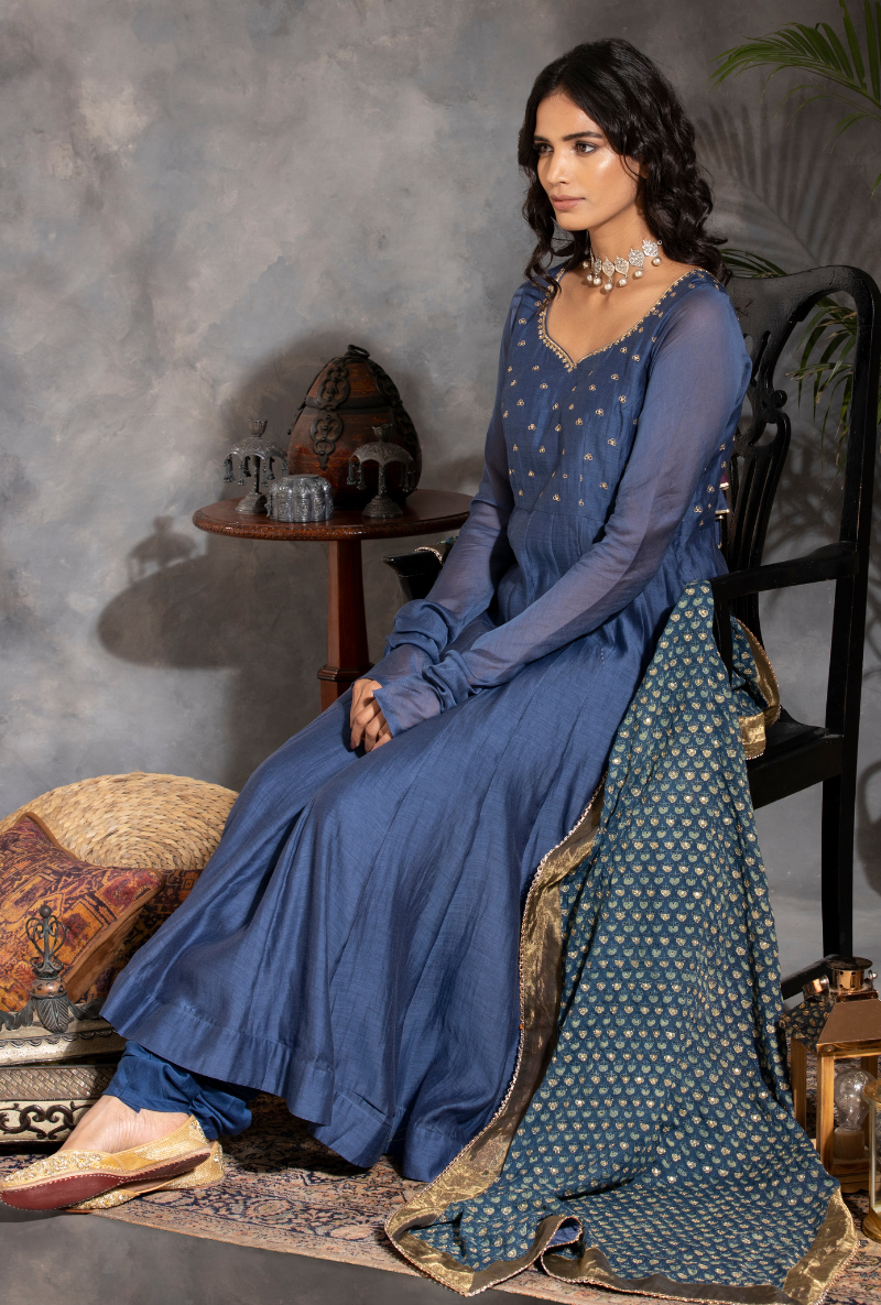 Zari and Sequin Enbroidered - Saanjh Ink Blue Anarkali Kurta Set