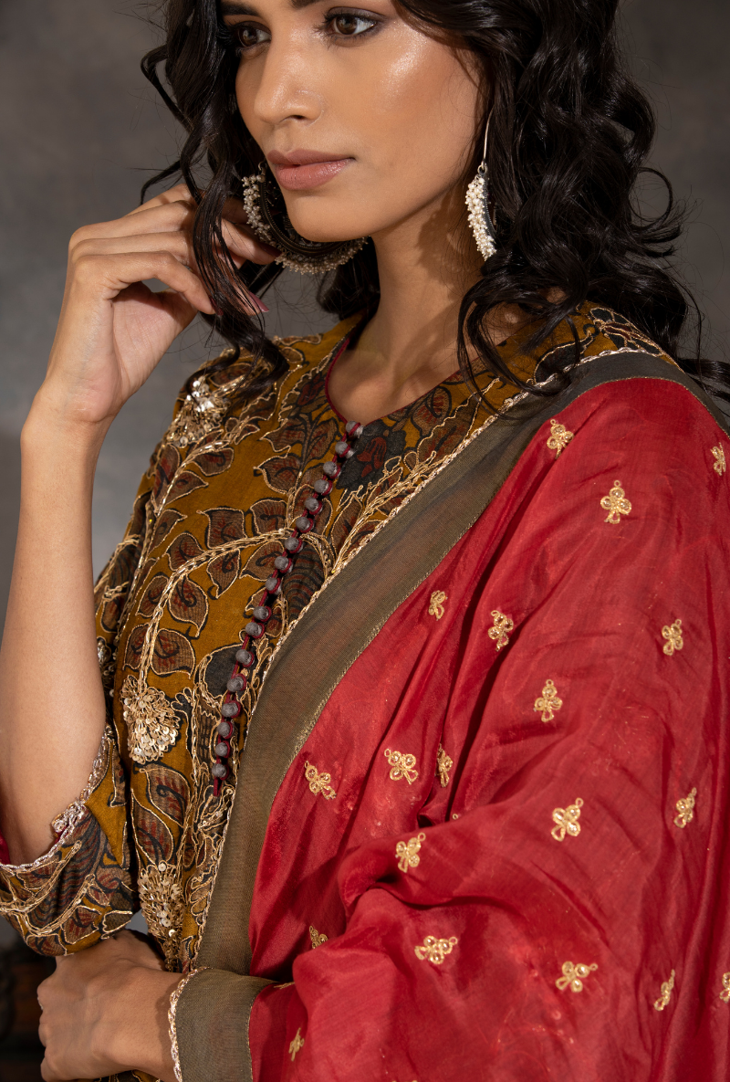 Saanjh Mustard Kalamkari Gharara Set