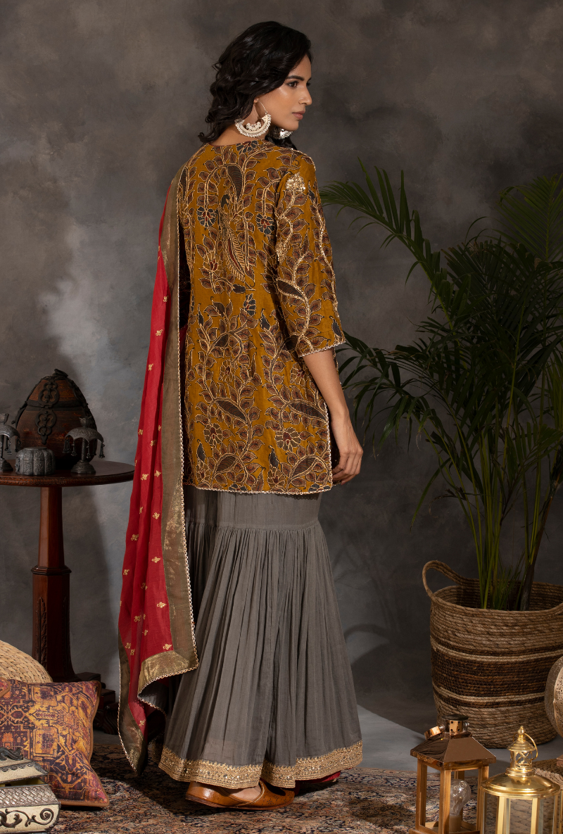 Saanjh Mustard Kalamkari Gharara Set