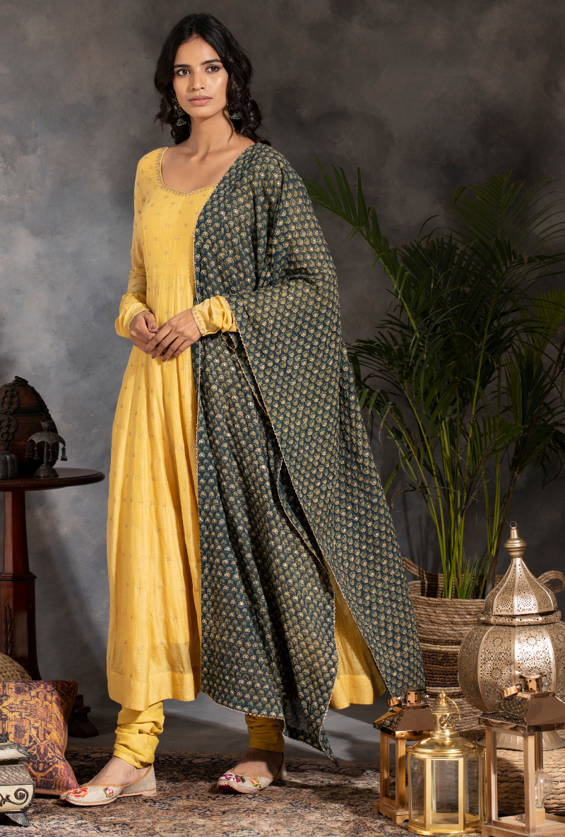 Saanjh Yellow Anarkali Kurta Set