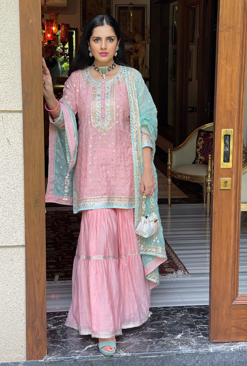 Sharnamli Mehra In Pink And Aqua Zari Mastaani Gharara Set