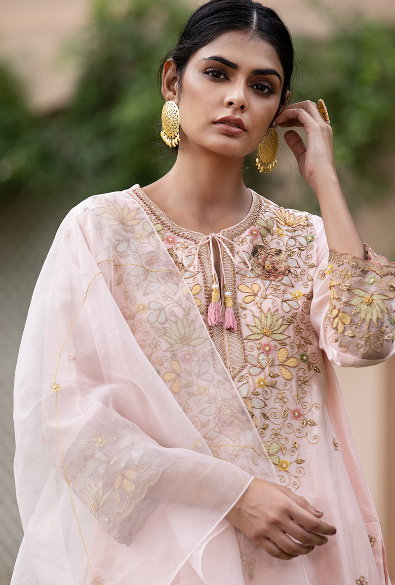 Soft Pink Applique Heavy Baano Kurta Set