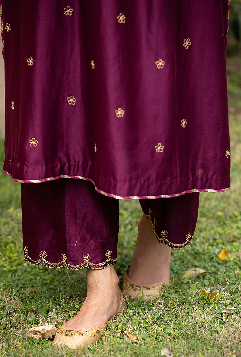 Wine Applique Pleated Yoke Baano Kurta Set
