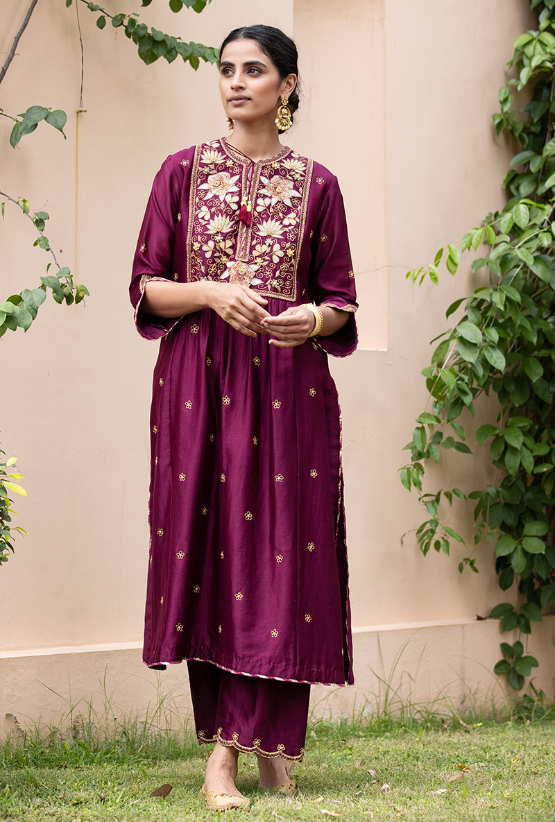 Wine Applique Pleated Yoke Baano Kurta Set