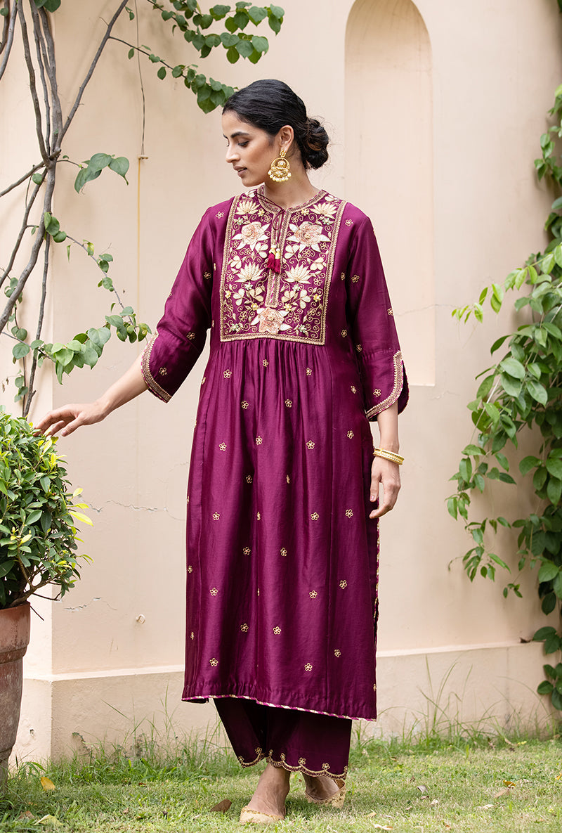 Wine Applique Pleated Yoke Baano Kurta Set