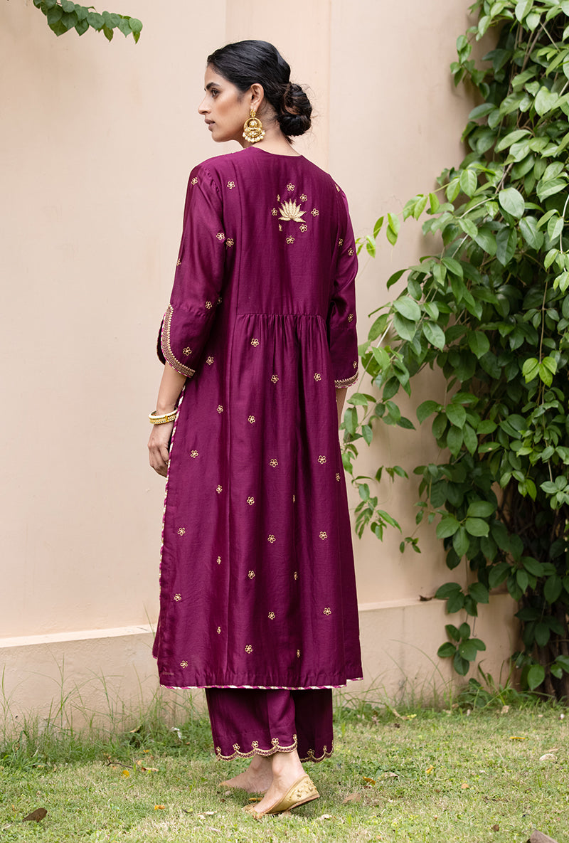 Wine Applique Pleated Yoke Baano Kurta Set